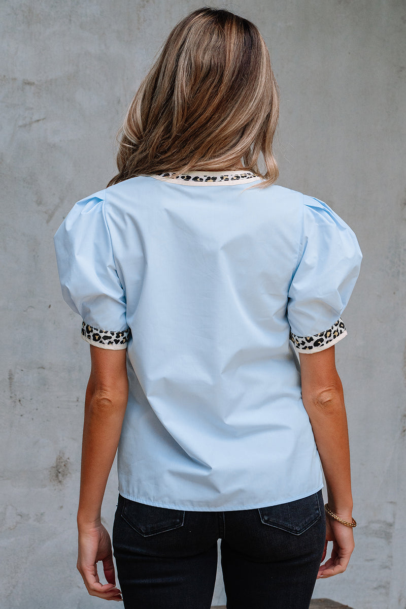 Blue Contrast Leopard Trim Split Neck Puff Sleeve Blouse