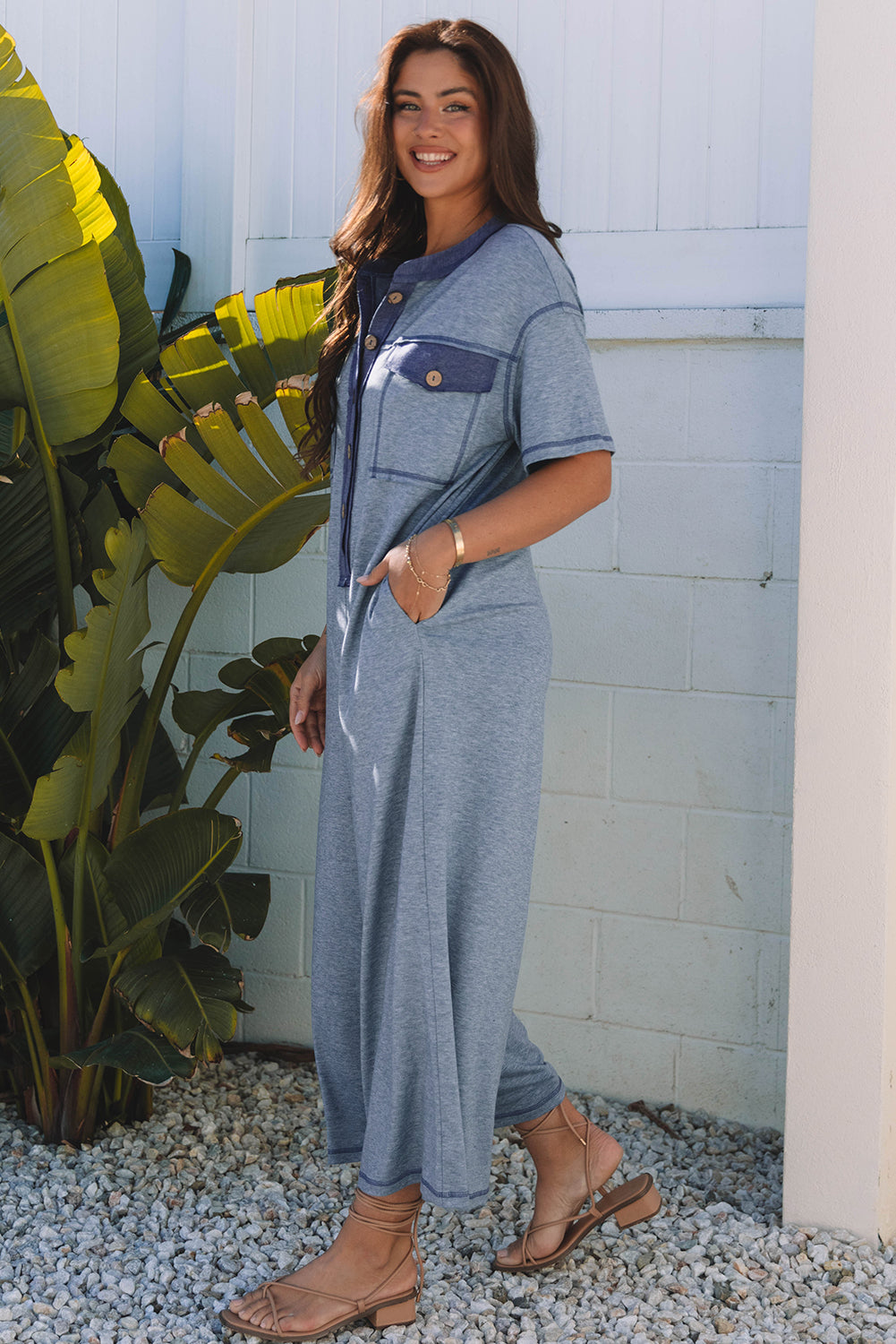 Half Placket Chest Pockets Short Sleeve Wide Leg Jumpsuit