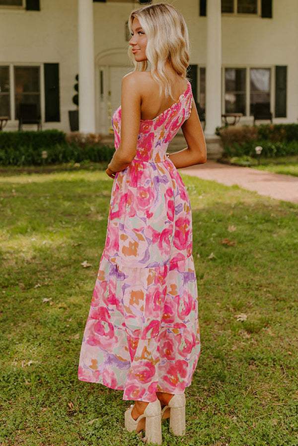 Abstract Floral Print Shirred One Shoulder Maxi Dress