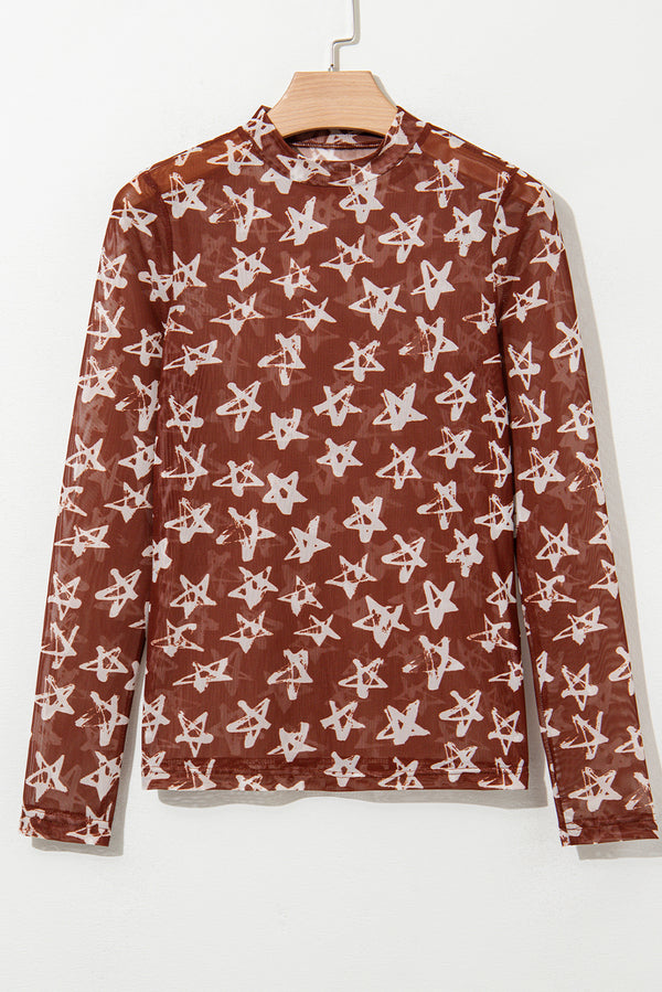 Red Mesh Star Print Mock Neck Sheath Long Sleeve Top