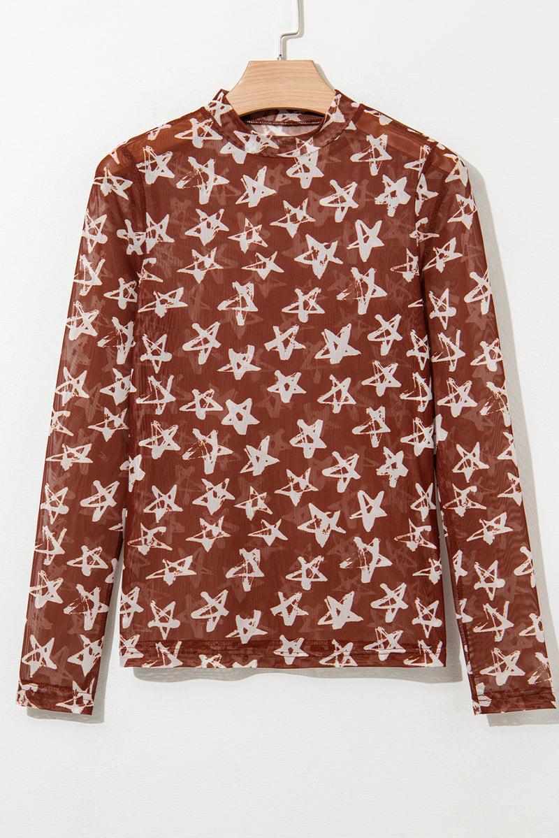 Red Mesh Star Print Mock Neck Sheath Long Sleeve Top