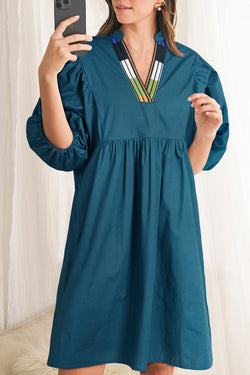 Blue Sapphire Color block Split V Neck Puff Sleeve Mini Dress