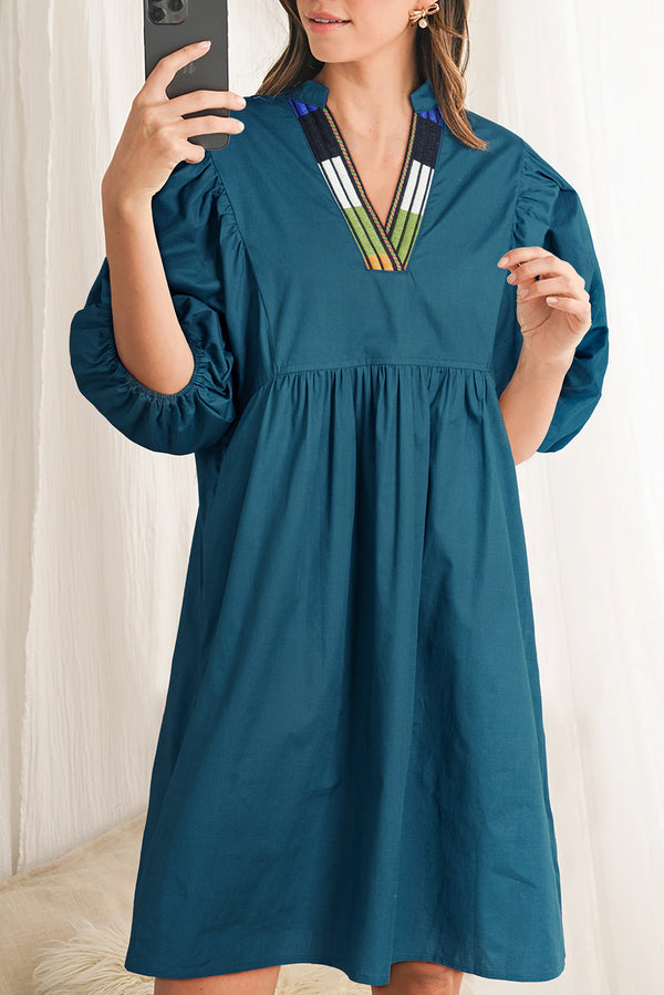 Blue Sapphire Color block Split V Neck Puff Sleeve Mini Dress