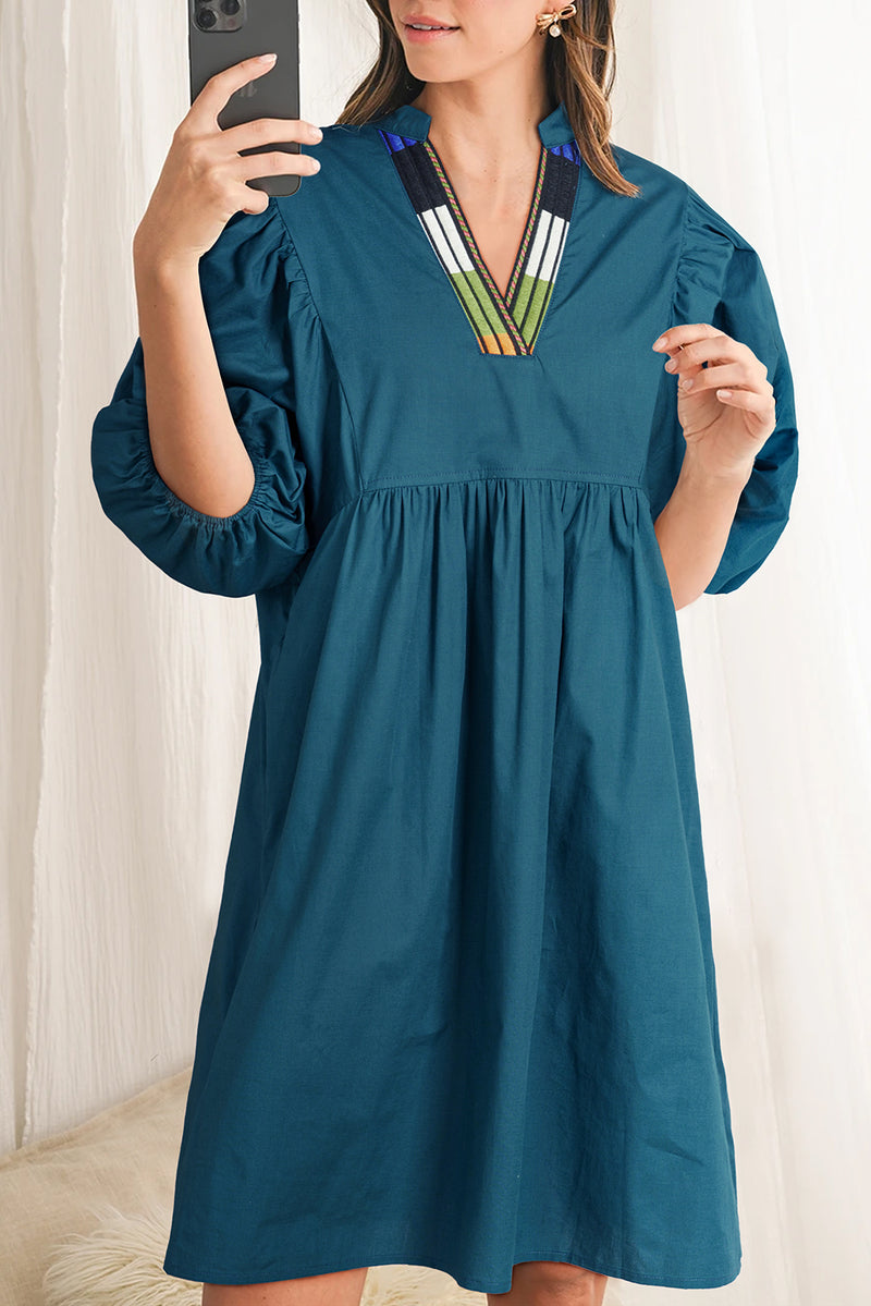Blue Sapphire Color block Split V Neck Puff Sleeve Mini Dress