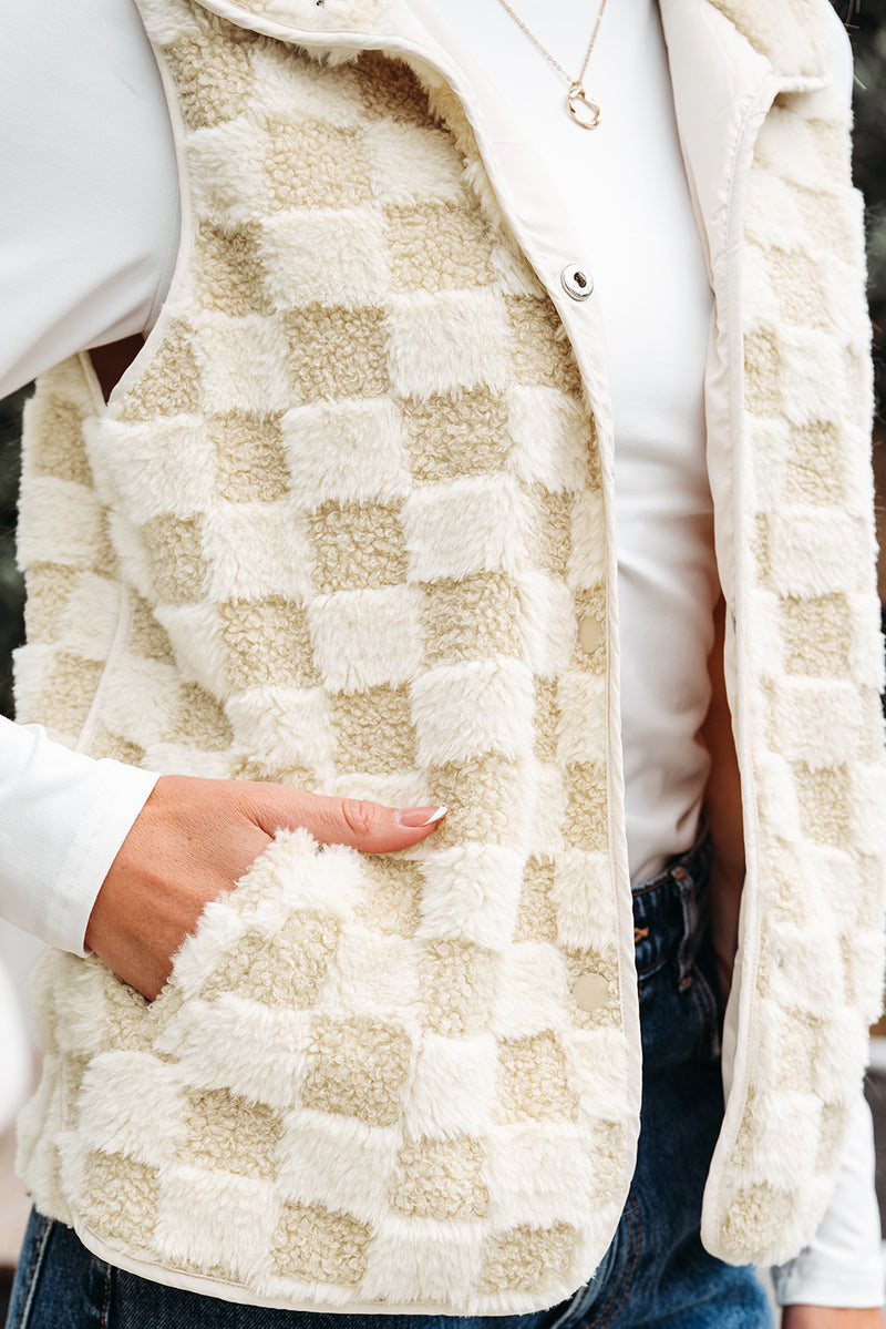 Sherpa Checkerboard Snap Button Vest Jacket With Pocket
