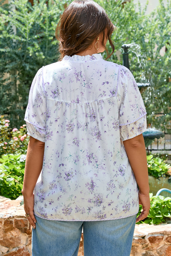 Floral Trimmed Detail Split Neck Plus Size Top
