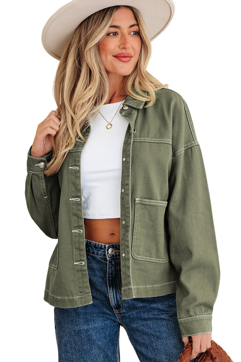 Moss Green Patched Pocket Collared Button Front Boyfriend Denim Jacket