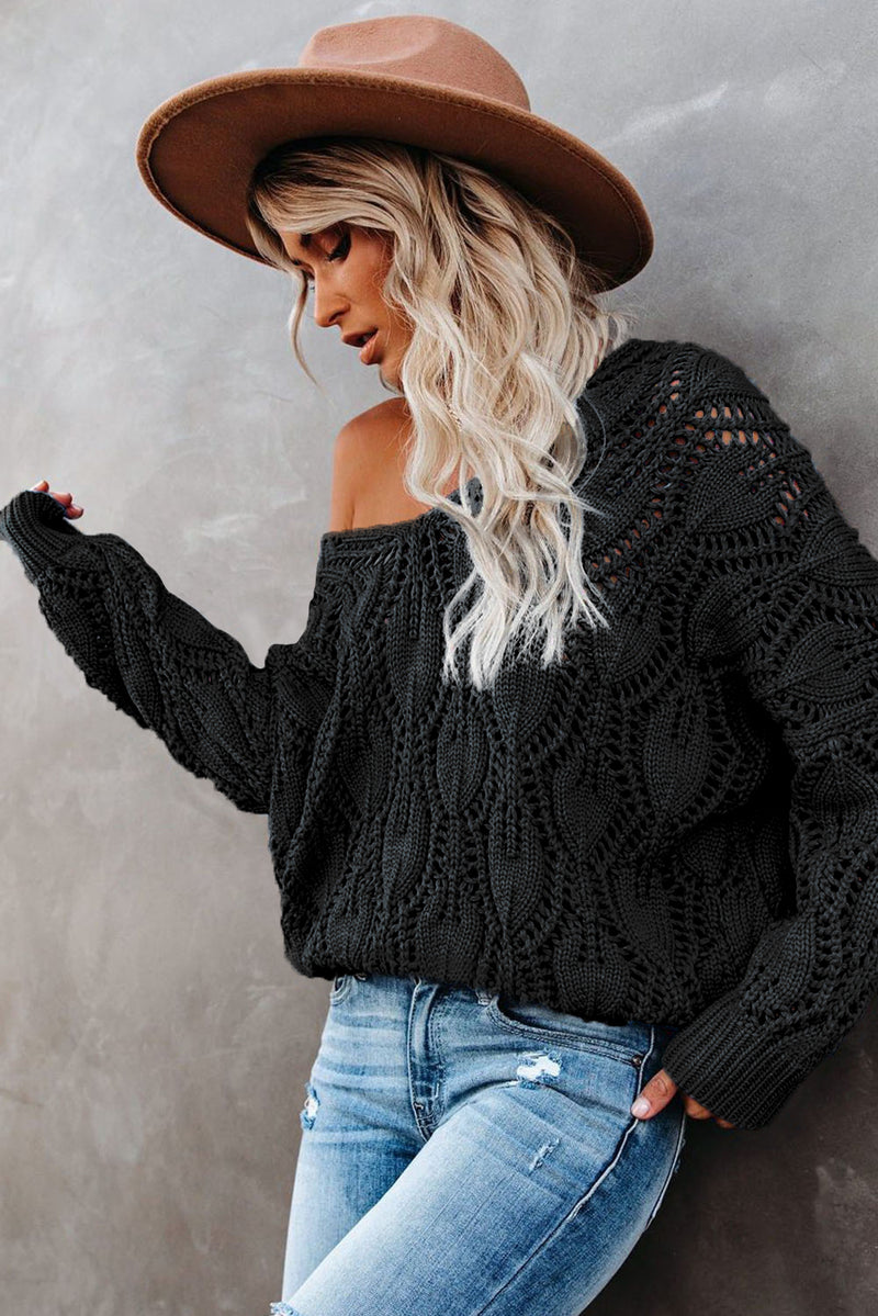 Solid Crochet Knit Ribbed Hem Hollow-out Sweater