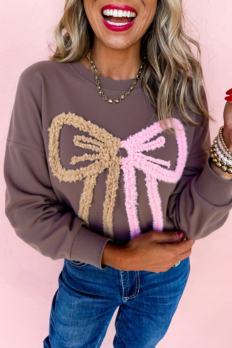 Contrast Terry Bow Pattern Drop Shoulder Sweatshirt