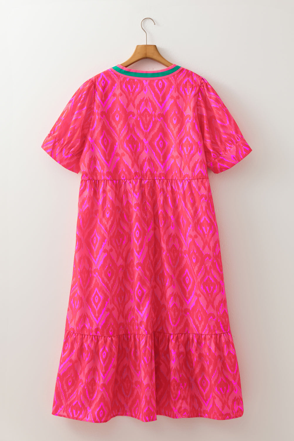 All over Print Contrast Split Neckline Short Puff Sleeve Curvy Dress