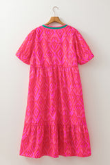 All over Print Contrast Split Neckline Short Puff Sleeve Curvy Dress