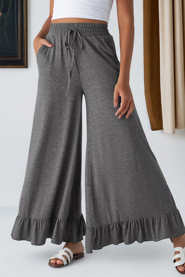 Ruffled Wide Leg Pull On High Waist Pants with Pockets