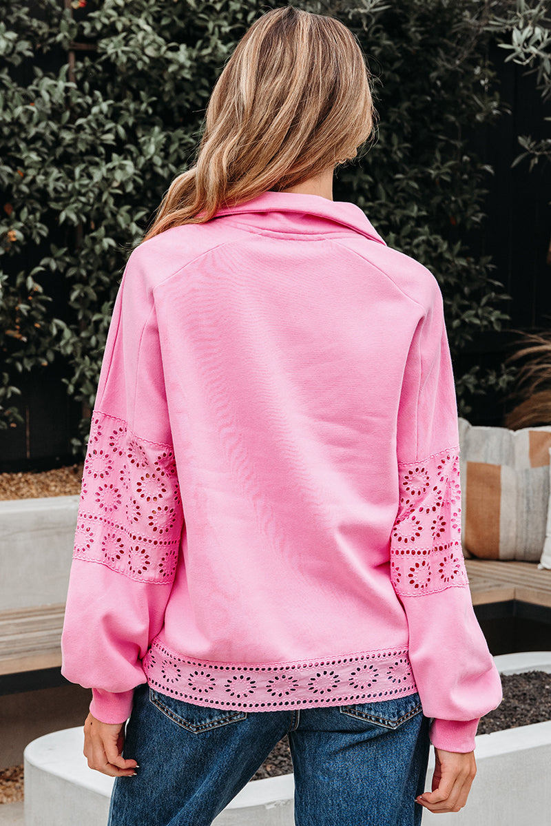 Embroidered Flower Patchwork Snap Buttons Pullover Sweatshirt