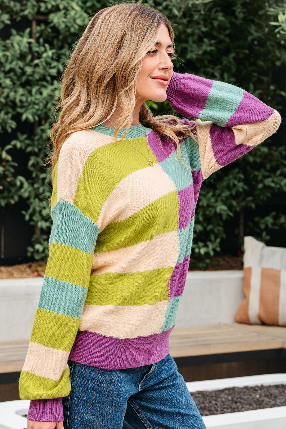 Stripe Drop Shoulder Ribbed Edge Casual Sweater