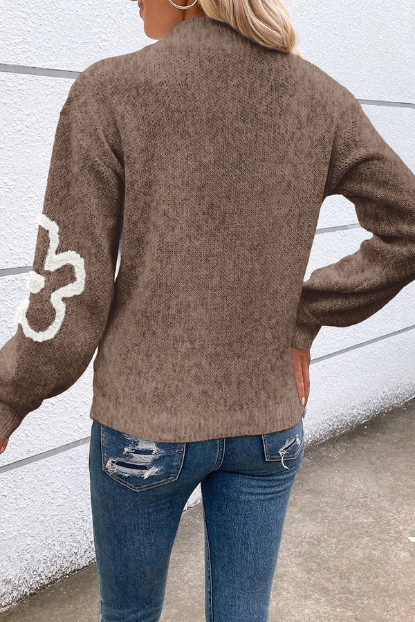 Solid Contrast Flower Half Zipper Stand Neck Sweater