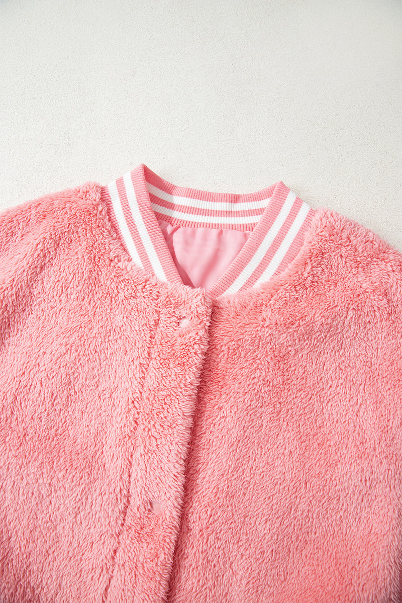 Pink Varsity Striped Banding Patchwork Winter Plush Vest