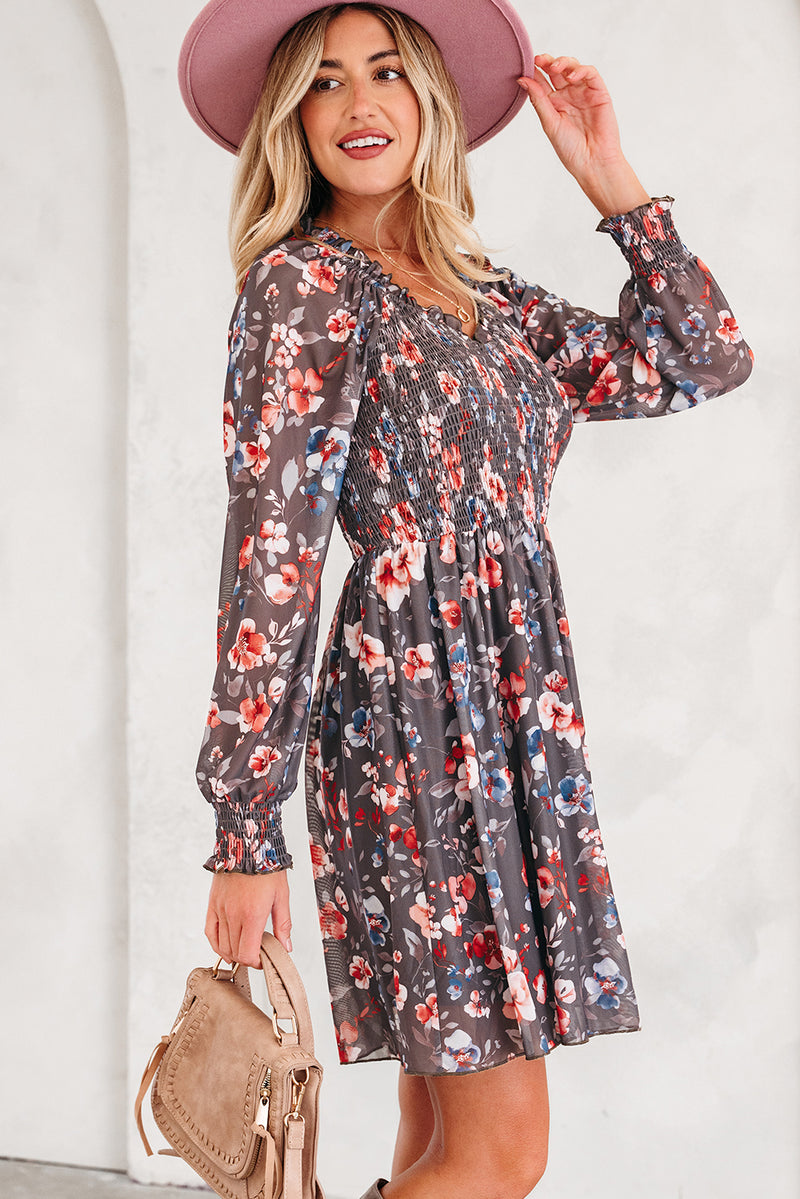 Frilly Smocked Bodice Floral Mesh Long Sleeve Mini Dress