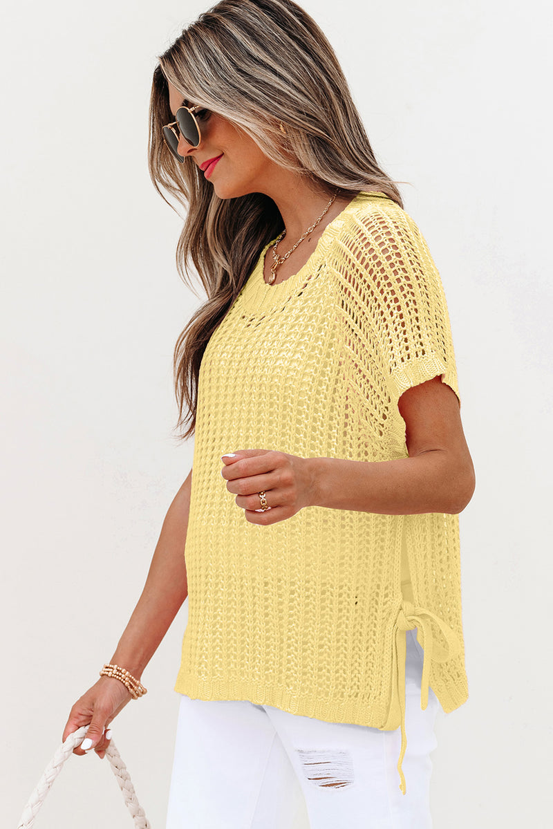 Hollow-out Crochet Side Tied Short Sleeve Sweater