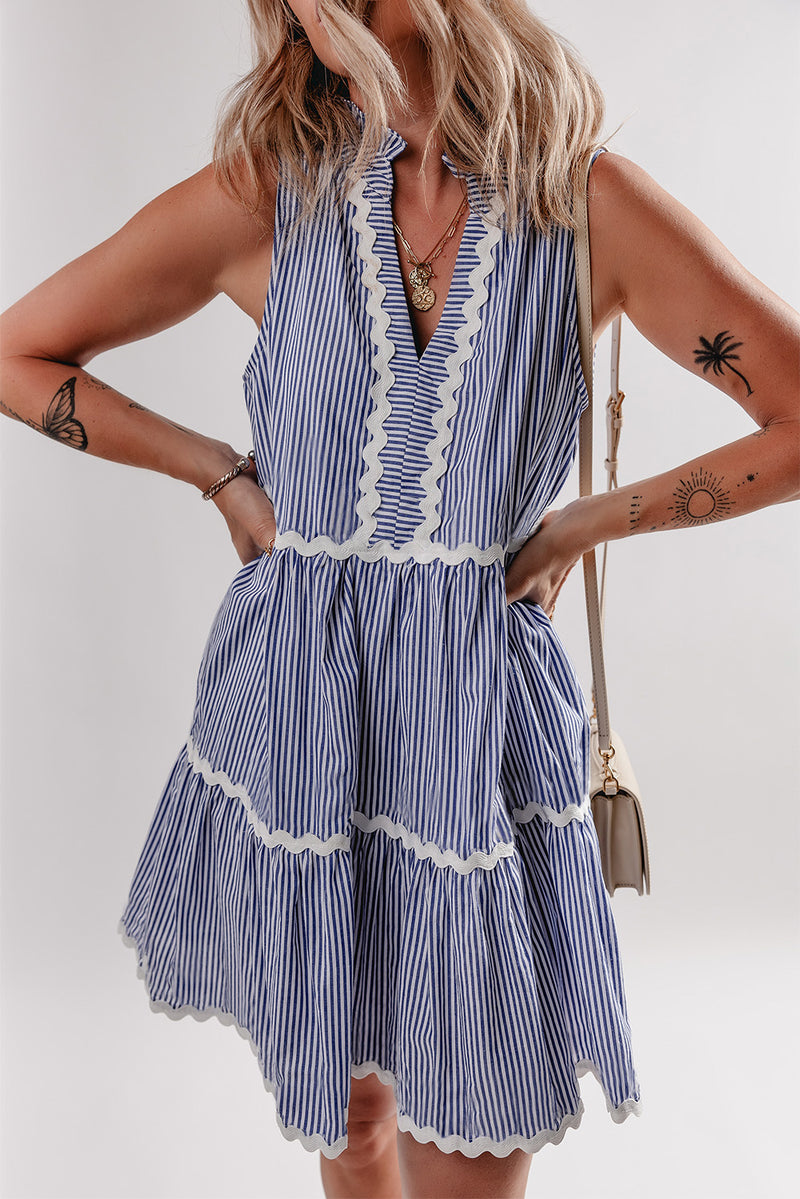 Stripe Sleeveless Notched V Neck Contrast Ric Rac Mini Dress