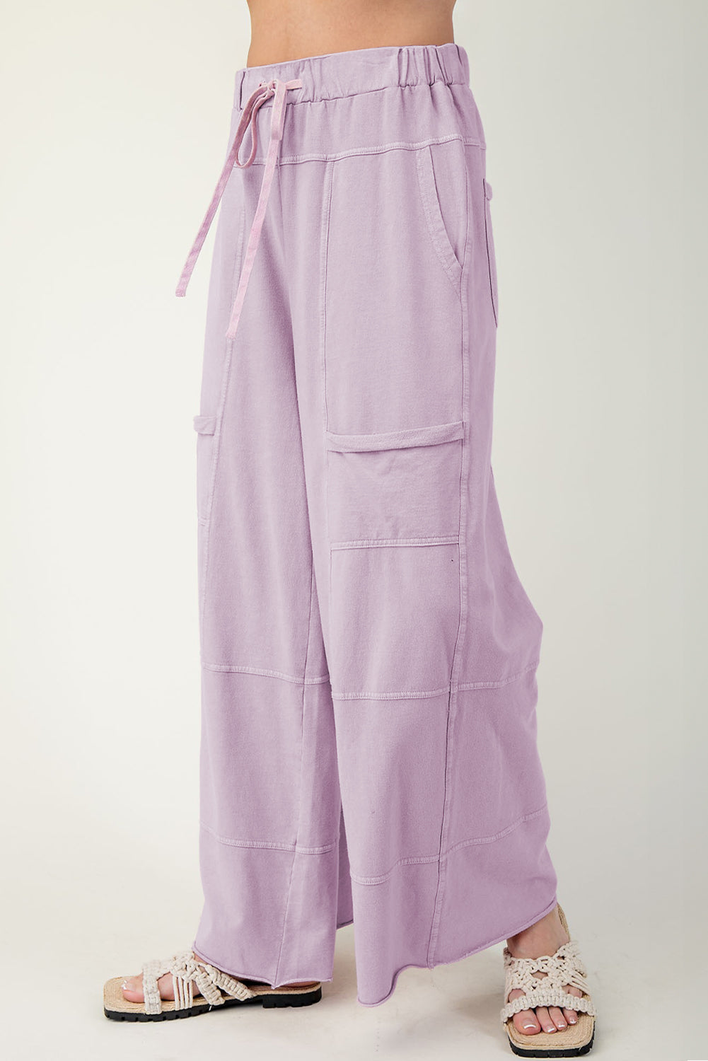 Mineral Wash Exposed Seam Drawstring High Waist Wide Leg Cargo Pants