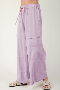 Mineral Wash Exposed Seam Drawstring High Waist Wide Leg Cargo Pants