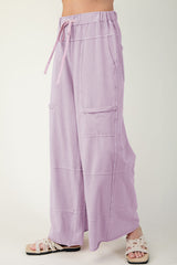 Mineral Wash Exposed Seam Drawstring High Waist Wide Leg Cargo Pants