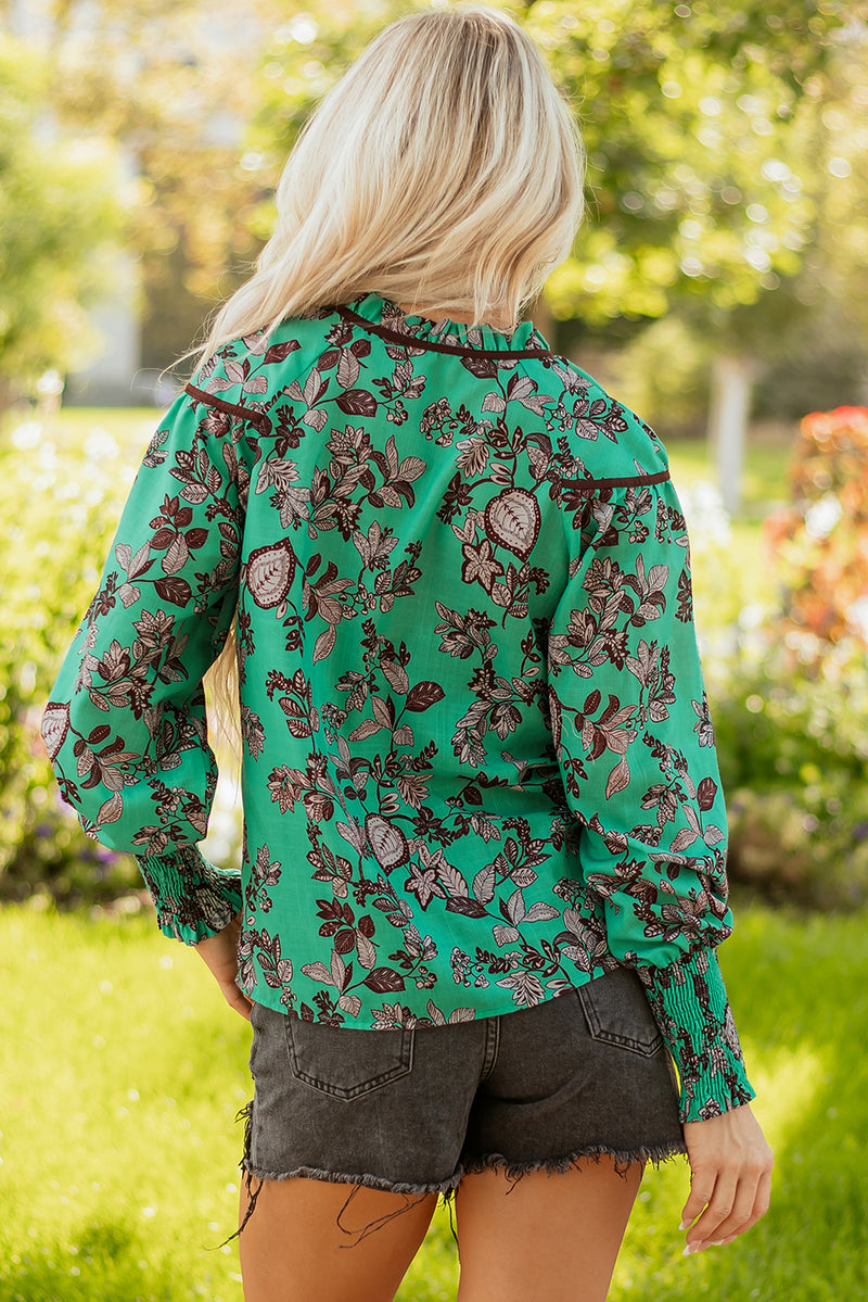Leaves Print Contrast Trim V Neck Shirred Puff Sleeve Blouse