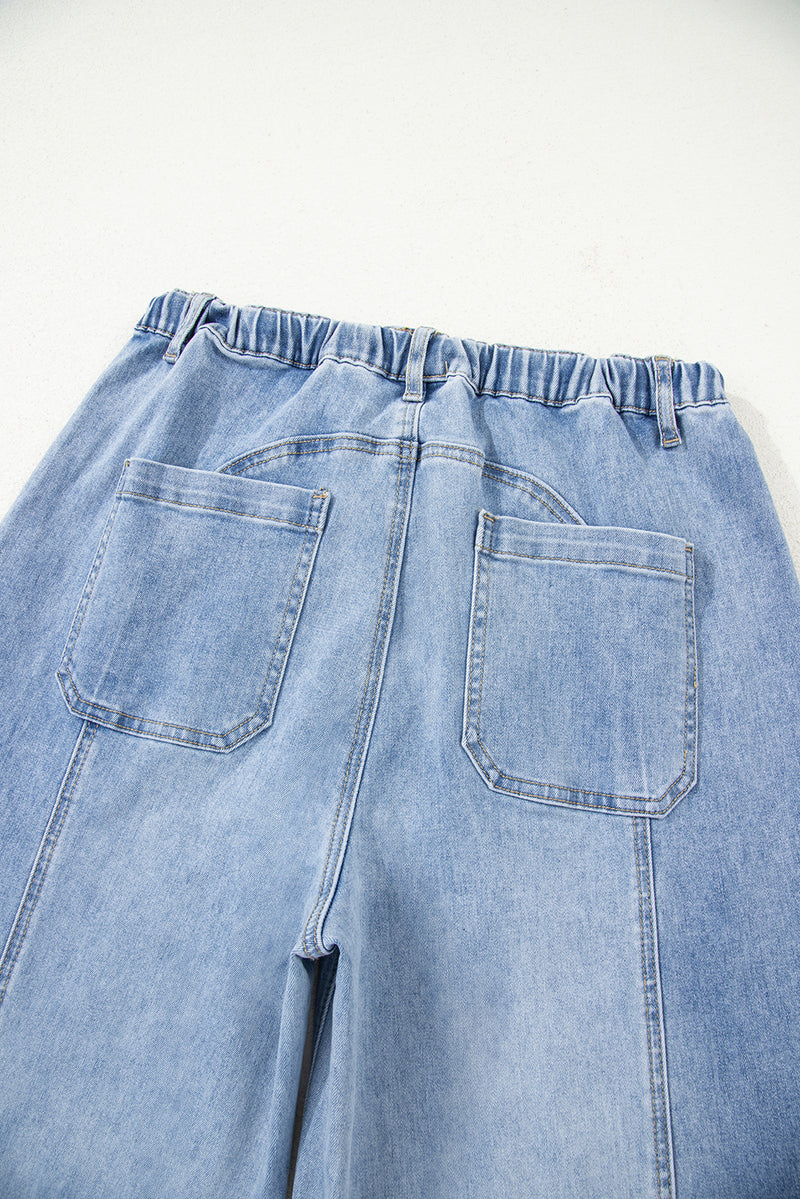 Drawstring Seam Detail Raw Hem Wide Leg Denim Pants