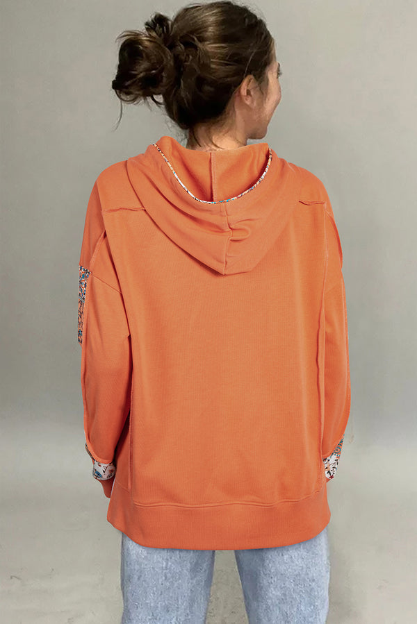 Flamingo Mix Floral Patchwork Side Slit Drawstring Hoodie