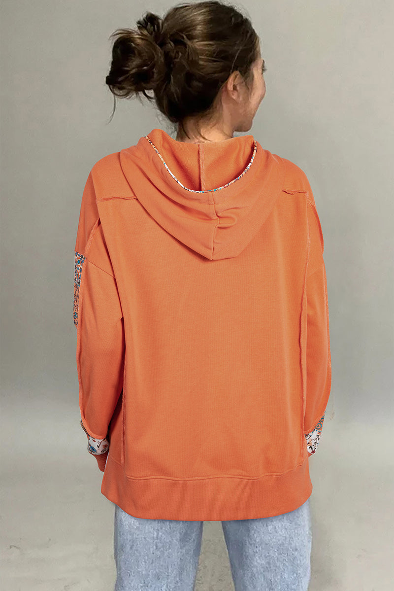 Flamingo Mix Floral Patchwork Side Slit Drawstring Hoodie