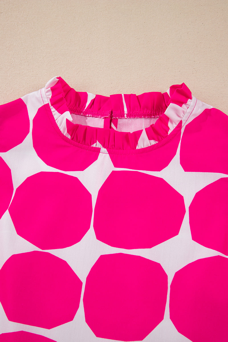 Rose Bubblegum Pattern Frilled Collar Flutter Sleeve Top