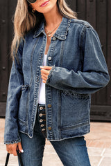 Blue Scallop Trim Collar Patched Pocket Button Up Denim Jacket