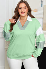 Light Green Color Block Striped Patchwork Collar V Neck Plus Size Sweatshirt