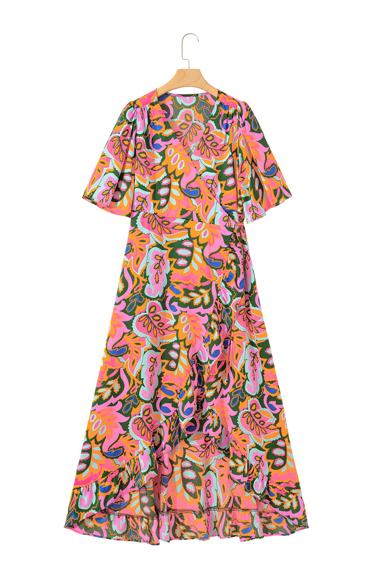 Summer Plant Print Surpliced V Neck Ruffled Asymmetric Slit Wide Short Sleeve Maxi Dress