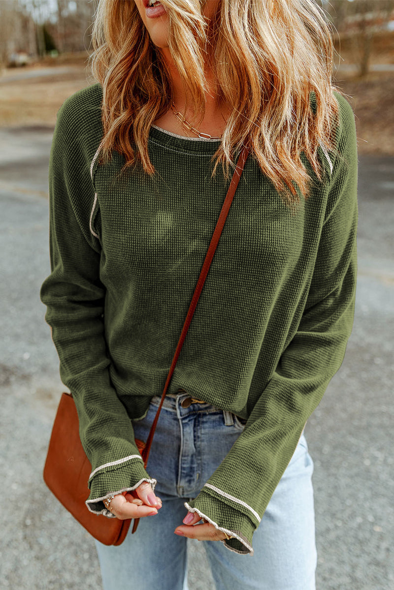 Solid Textured Round Neck Long Sleeve Top