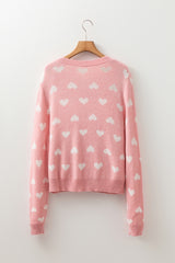 Pink Heart Pattern Button Front Cardigan Sweater