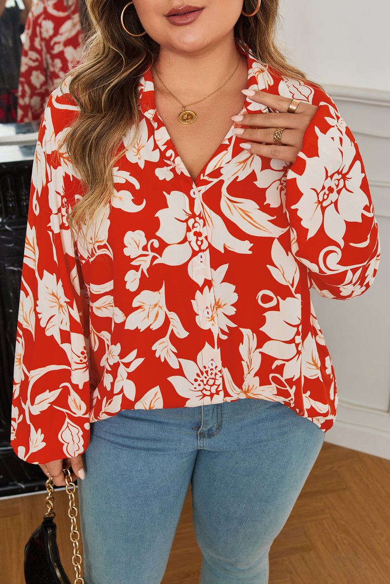 Plus Size Floral Print Loose Button Up Shirt