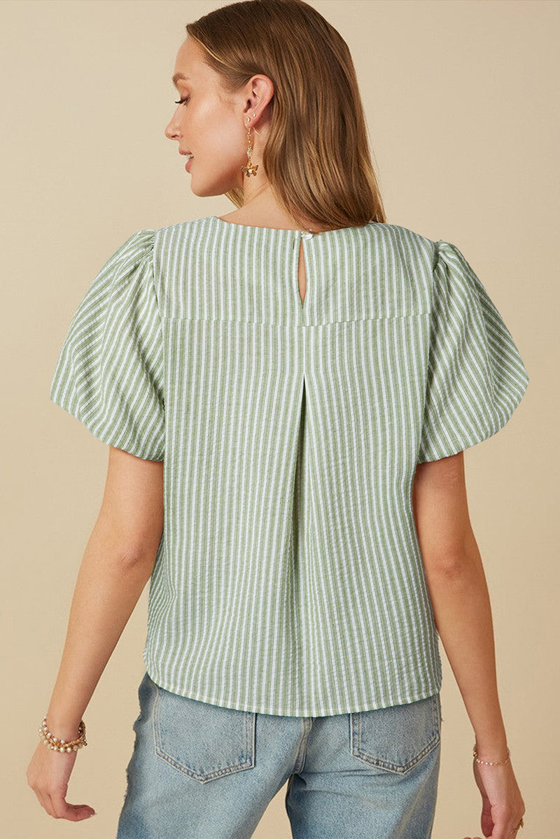 Green Stripe Textured Round Neck Short Puff Sleeve Blouse