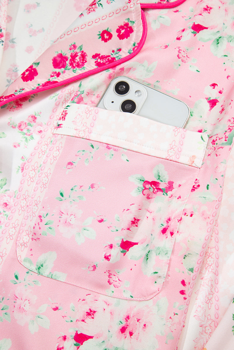 Mixed Floral Print Contrast Piping Trim Satin Tie 2pcs Pajama Set