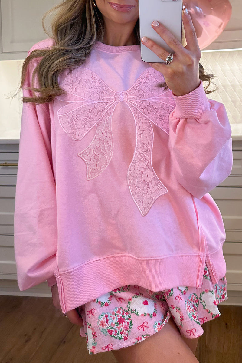 Lace Insert Bow Embroidered Exposed Seam Sweatshirt