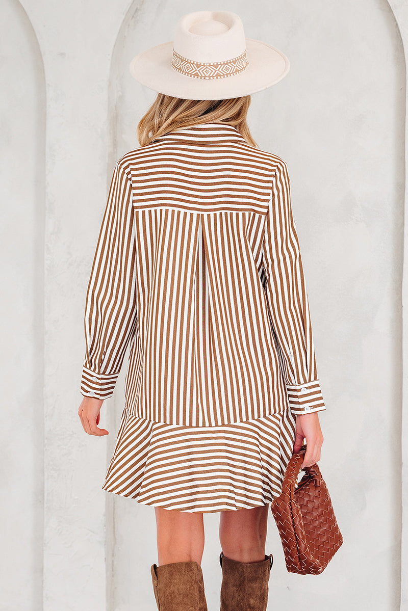 Stripe Ruffled Hem Collared Long Sleeve Shirt Mini Dress
