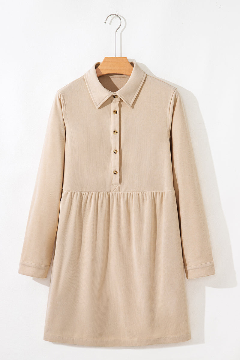 Corduroy Half Button Collared Long Sleeve Mini Dress