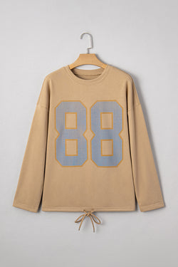 Number Graphic Drawstring Hemline Oversize Long Sleeve Top