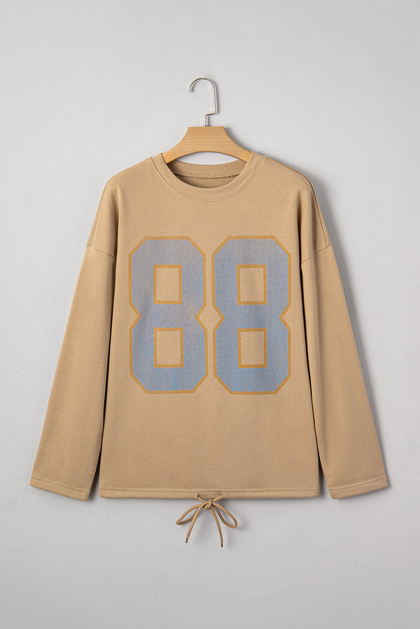 Number Graphic Drawstring Hemline Oversize Long Sleeve Top