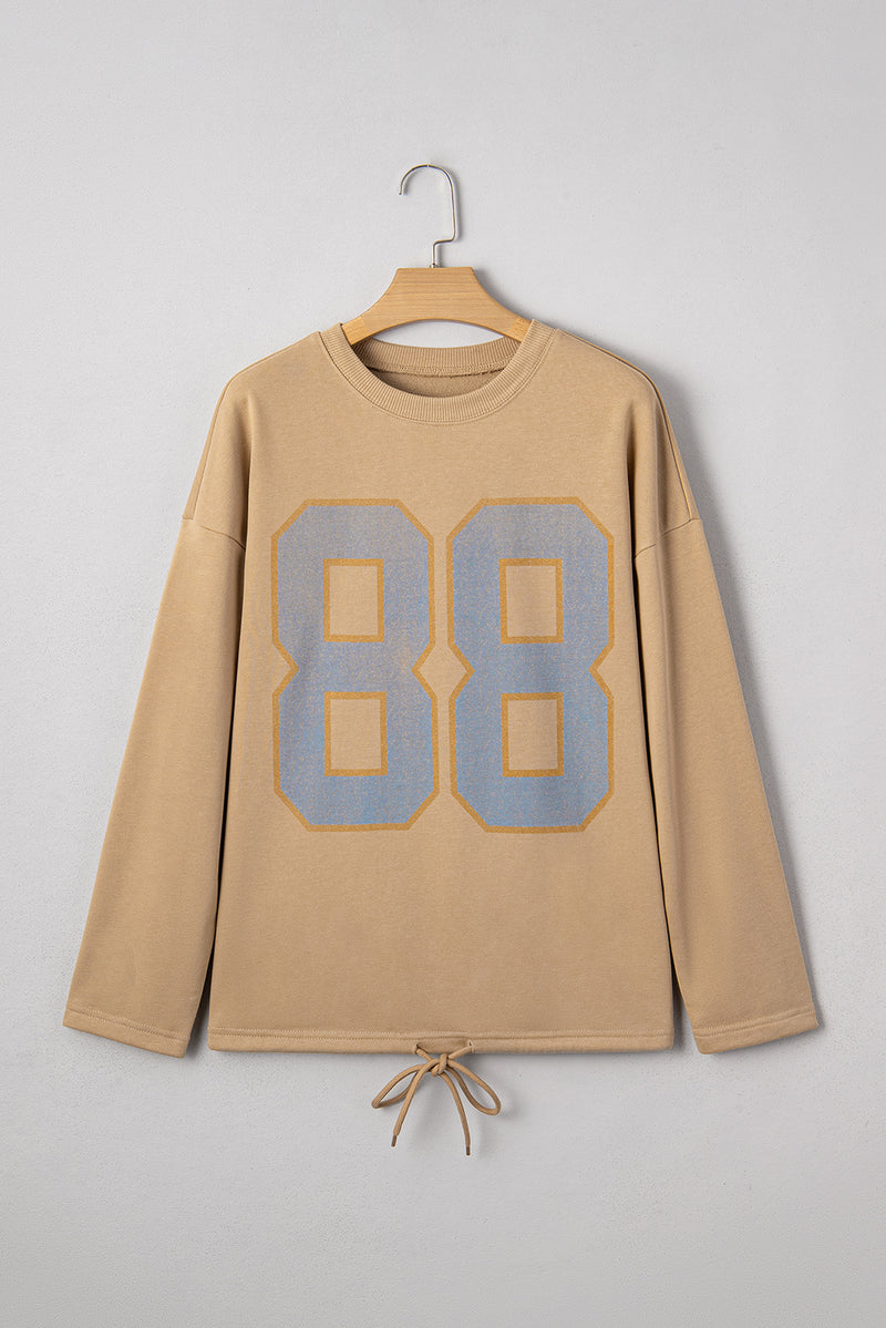 Number Graphic Drawstring Hemline Oversize Long Sleeve Top