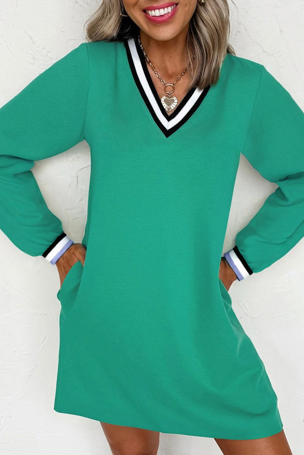 Varsity Contrast Striped V Neck Long Sleeve T Shirt Dress with Pockets