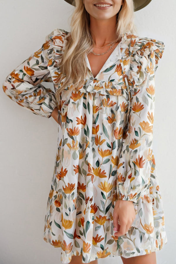 Floral Print Tie Neck Frilled Detail Long Sleeve Mini Dress