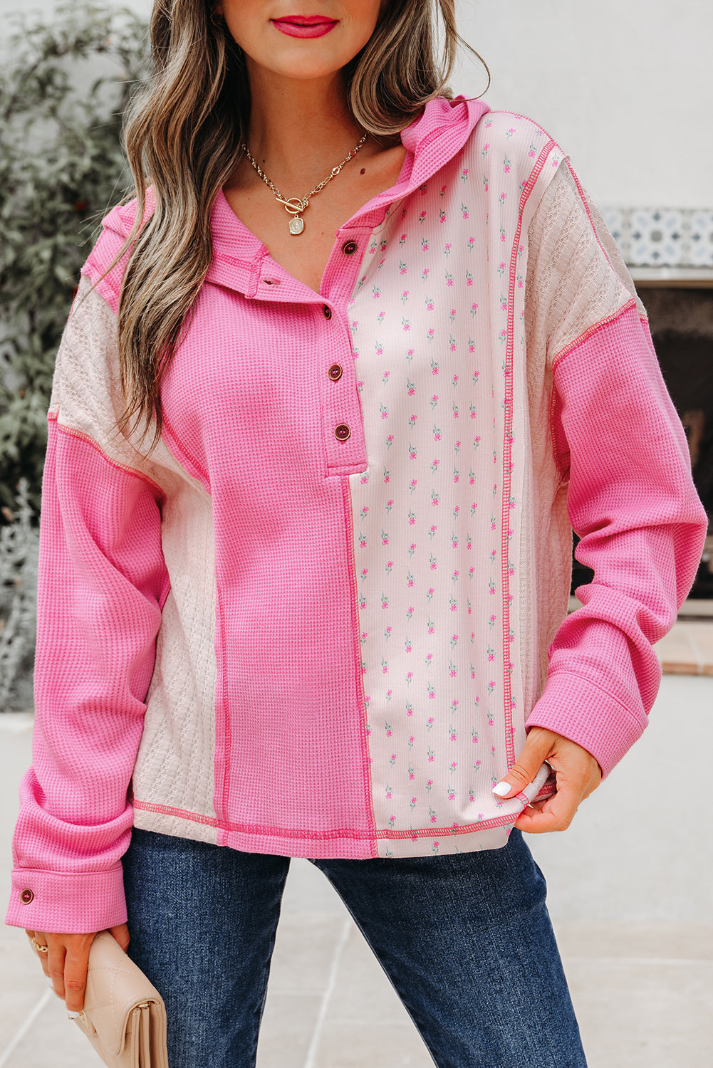 Mixed Texture Waffle Floral Patchwork Hooded Oversize Pullover