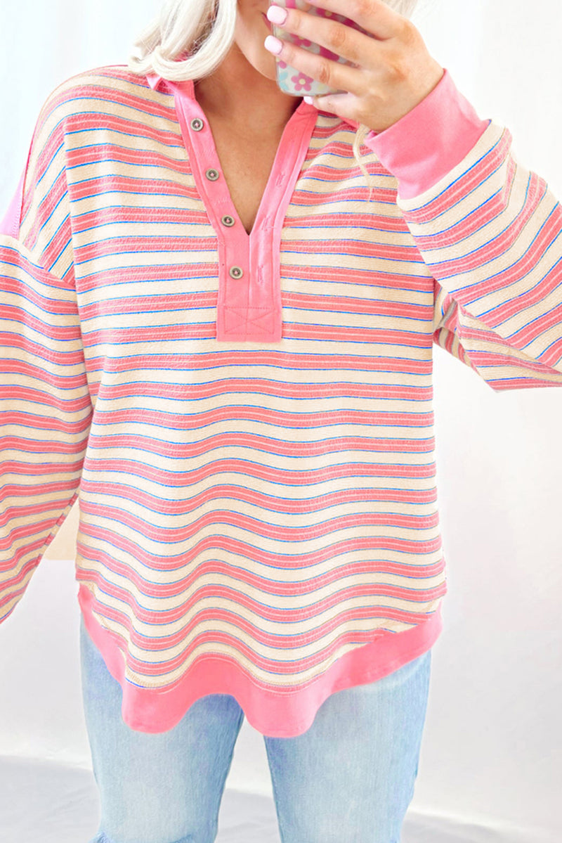 Stripe Buttoned V Neck Collared Drop Shoulder Top
