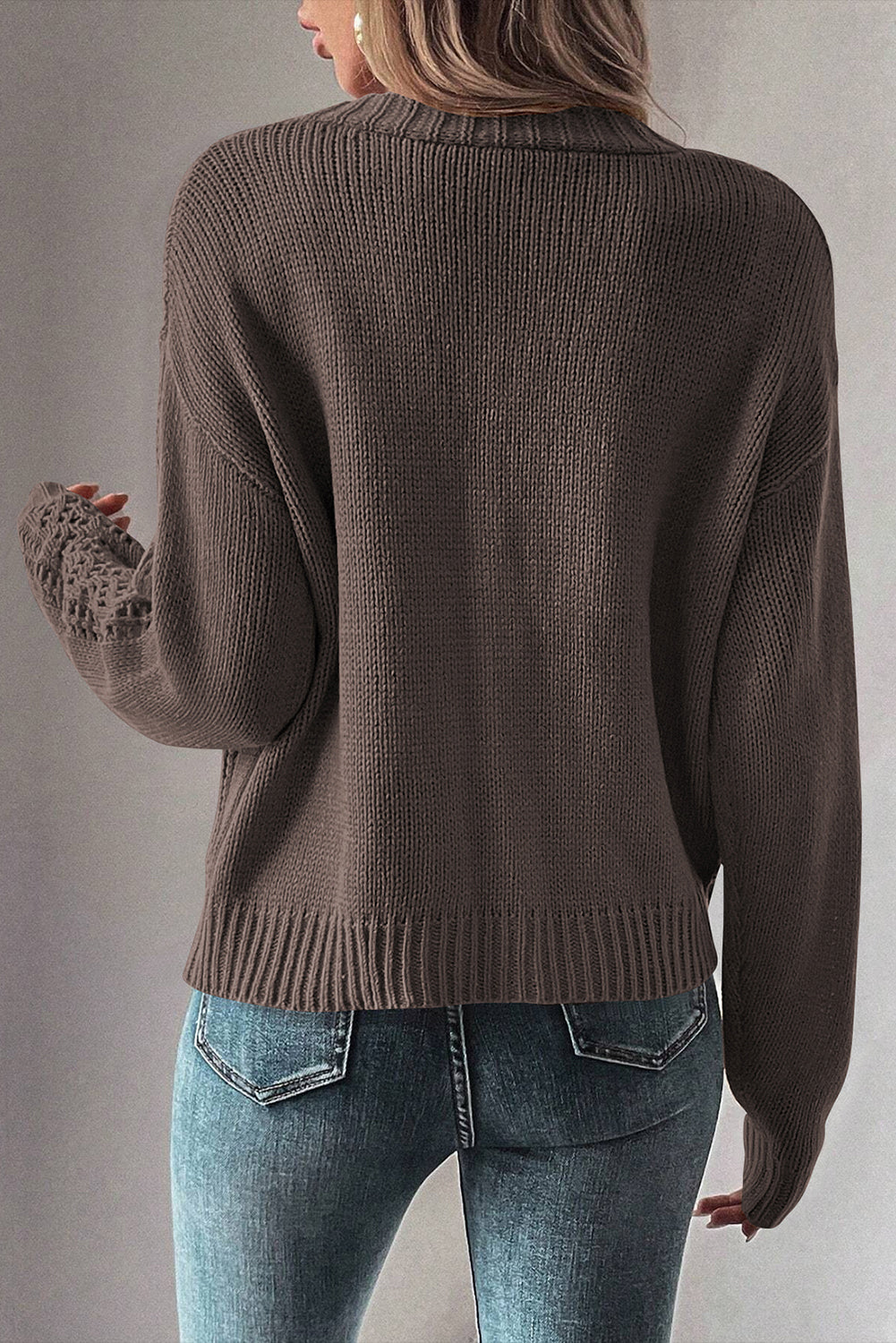 Solid Open Knit Drop Shoulder Sweater Cardigan
